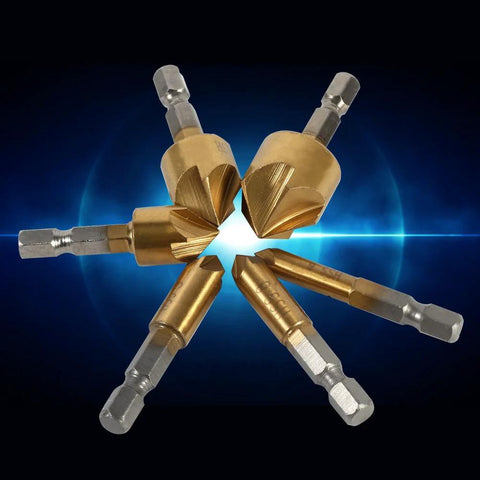 Front view of a set of gold HSS countersink bits with 1/4 inch hex shanks, 6-19 mm range.