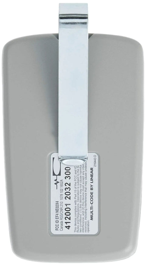Back view of Multi-Code 2-Channel Visor Transmitter For Gates And Doors, 1024 Codes Per Channel, 300 MHz Compatible, Soft Gray Finish.