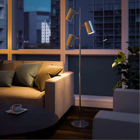 Ultra Tall Industrial Tree Floor Lamp With Three Adjustable Spotlights In Brushed Steel Finish, 64 Inches High, in modern living room