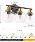 Three Light Bathroom Vanity Light With Clear Globe Shade, Black And Brass Modern Wall Sconces Over Mirror, 22 Inch Vintage Vibe Fixture.