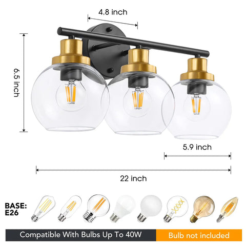 Three Light Bathroom Vanity Light With Clear Globe Shade, Black And Brass Modern Wall Sconces Over Mirror, 22 Inch Vintage Vibe Fixture.