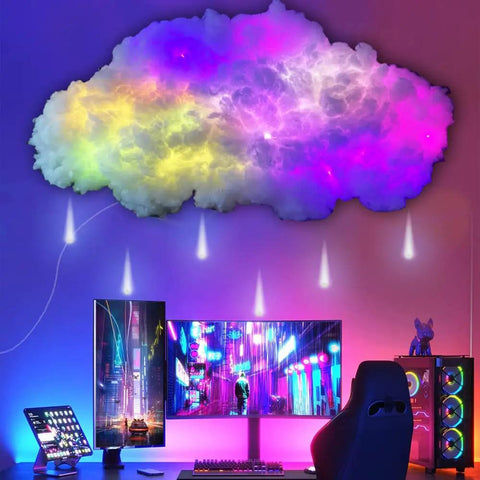 Epic 1.2m Cloud Rain Lightning Light Kit with colorful LED display in a gaming setup, featuring raindrop LEDs and USB power.