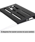Gig Ready 18 By 11.8 Inch Guitar Pedal Board With Built In Power Supply Tray angled at 8 degrees, black aluminum surface.