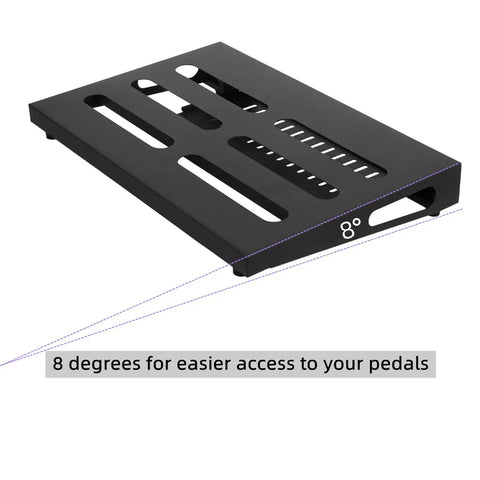 Gig Ready 18 By 11.8 Inch Guitar Pedal Board With Built In Power Supply Tray angled at 8 degrees, black aluminum surface.