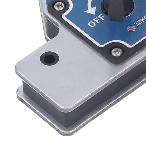 Close-up of Heavy Duty Welding Magnet With 28kg Pull Force Dual Switch showing toggle switch on the galvanized casing.
