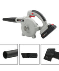 Heavy Duty Cordless Air Blower And Vacuum Cleaner Kicking Serious Dust Sawdust Debris Straight Up With Fast Charge Port used for quick cleanup.