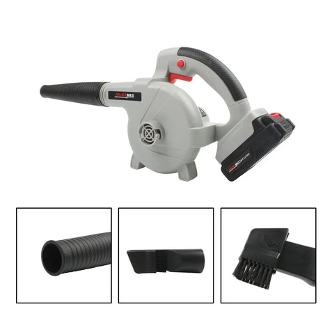 Heavy Duty Cordless Air Blower And Vacuum Cleaner Kicking Serious Dust Sawdust Debris Straight Up With Fast Charge Port used for quick cleanup.