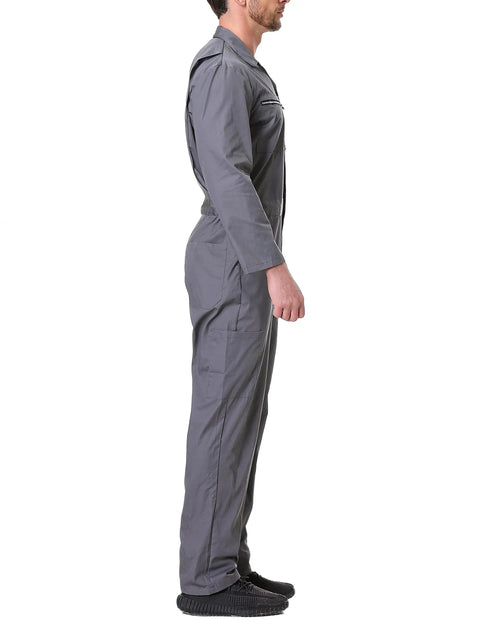 Men's Long Sleeve Navy Poly Cotton Work Coveralls Featuring Action Back And Elastic Waist, Two Way Zipper Front Utility Jumpsuit side view.