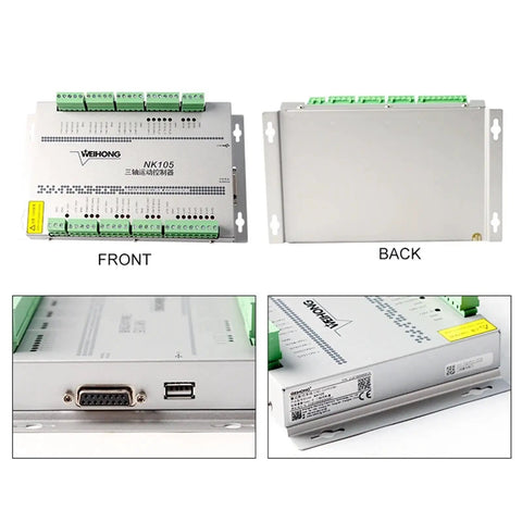 NK105 G3 Three Axis CNC Motion Control System DSP Controller With Hand Wheels showing front and back views, compact metal design.