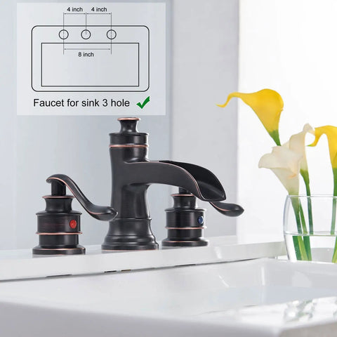 Widespread 8 Inch Two Handle Bathroom Faucet With Pop Up Drain Assembly Waterfall Style Oil Rubbed Bronze Finish visible on sink