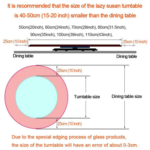 Diagram showing recommended Marble Lazy Susan 360-Degree Rotating Serving Plate size relation to dining table dimensions.