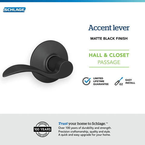 Matte Black Door Lever For Hall And Closet, Non Locking Passage Lock, Easy Install With Self Aligning Screws, Interior Door Handle