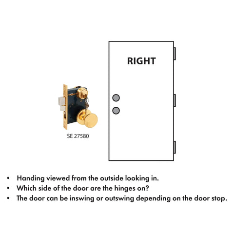 Two And A Half Inch Backset Mortise Lockset In Wrought Solid Brass Right Handed Classic Door Hardware diagram with right-handed placement
