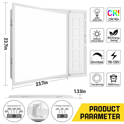 Diagram of 2x2 LED Flat Panel Light With Five CCTs 3000K 3800K 4500K 5200K 6000K 40W 5000LM Recessed Drop Ceiling Fixture dimensions and features