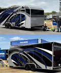 Monster Tug Off-Road Trailer Dolly moves a large gray and blue trailer with ease on flat ground during setup.