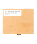 Front view of a wooden storage box labeled 5PC Indexable Carbide Turning Tools Set 1/4in