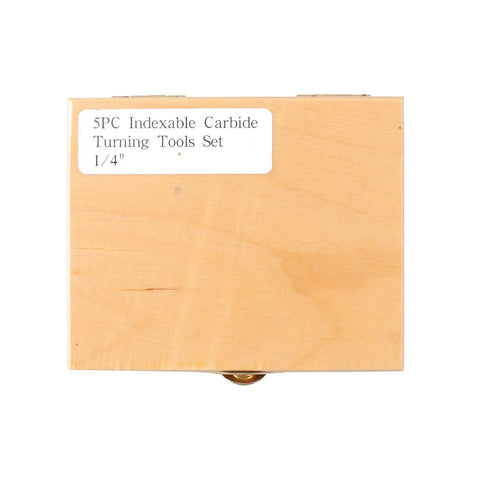 Front view of a wooden storage box labeled 5PC Indexable Carbide Turning Tools Set 1/4in