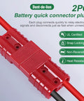 Top Shelf 10 Piece Battery Cable Connectors Rated For 600 Volts And 50 Amps Heavy Duty Quick Release Plug And Play Terminals Built Like A Tank For Cars Trucks Vans And Motorcycles In Red close-up of a battery quick connector plug with red housing.