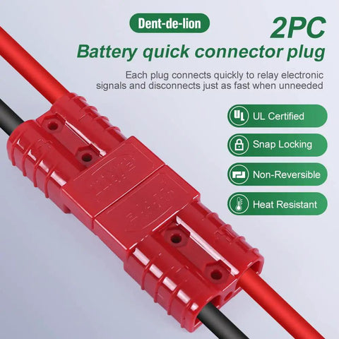 Top Shelf 10 Piece Battery Cable Connectors Rated For 600 Volts And 50 Amps Heavy Duty Quick Release Plug And Play Terminals Built Like A Tank For Cars Trucks Vans And Motorcycles In Red close-up of a battery quick connector plug with red housing.