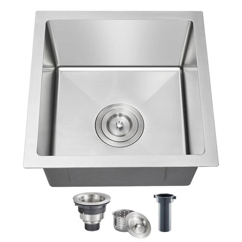 Bar Sink 15 By 15 By 8 Inch Undermount Single Bowl Stainless Steel Kitchen Sink T-304 With Strainer and Drain Components