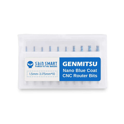 Nano Blue Coat End Mills Set For CNC Router Bits, 10 Pieces, packaged in a clear plastic case with label, cutting diameters 1.5 to 3.175 mm