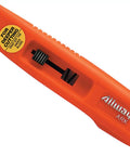 Self Retracting Safety Knife Workhorse with pro grade engineering plastic showing easy one button open for quick blade retraction.