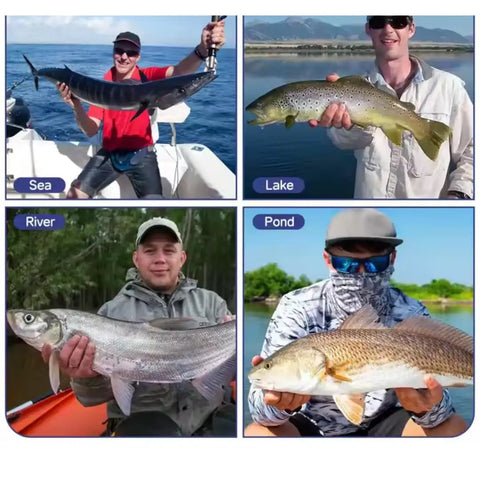 Four anglers holding fish in diverse environments: sea catch, lake trout, river fish, pond catch