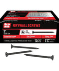 Heavy Duty Six By Two Inch Phillips Bugle Head Drywall Screws Featuring Fine Threads And Protective Phosphate Coating For Light Gauge Steel Studs Ships In A Convenient One Pound Box Making Installations A Breeze Without Any Hassle in a black and red box with screws visible.