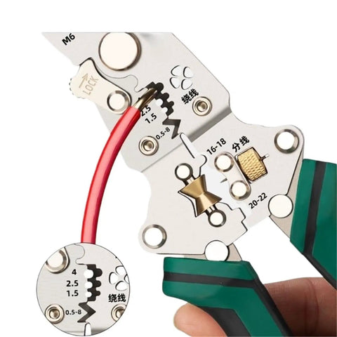 Close-up of Sweet Heavy Duty Portable Folding Wire Stripper For Contractors And Diy Crews Featuring Rugged Go Anywhere Build with red cable.