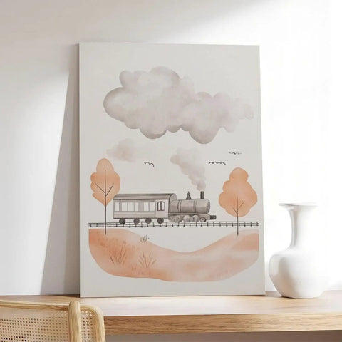 Steam Locomotive Canvas Wall Art Poster For Nursery And Living Room, Minimal Train Decor In Neutral Tones, 12x18 Inch