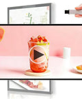 Top Rated Hanging Advertising Screen Digital Signage Featuring Flawless 1080P IPS HD LCD Display showcasing a fruit drink in vibrant colors.
