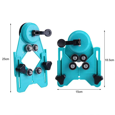 Pro Grade Adjustable Hole Saw Guide Jig With Vacuum Base for Precise Drilling 4mm to 80mm shown in blue with dimensions 25cm x 15cm.