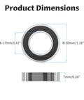 Four Pack 6903-2RS Deep Groove Ball Bearings 17mm ID X 30mm OD X 7mm Width dimensions illustration
