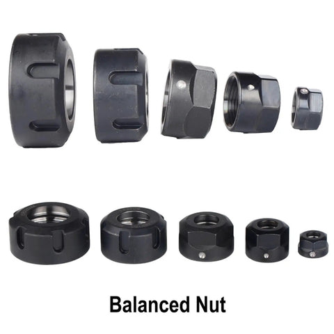 Top Shelf Precision Balanced Collet Nut Rock Solid Clamping Adapter For ER16 CNC Milling And Engraving Tools, various sizes displayed.
