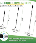 62 Inch Thatch Rake With Adjustable Long Handle, dimensions of 15-inch wide head and various handle lengths, assembly detail