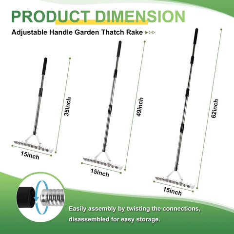 62 Inch Thatch Rake With Adjustable Long Handle, dimensions of 15-inch wide head and various handle lengths, assembly detail