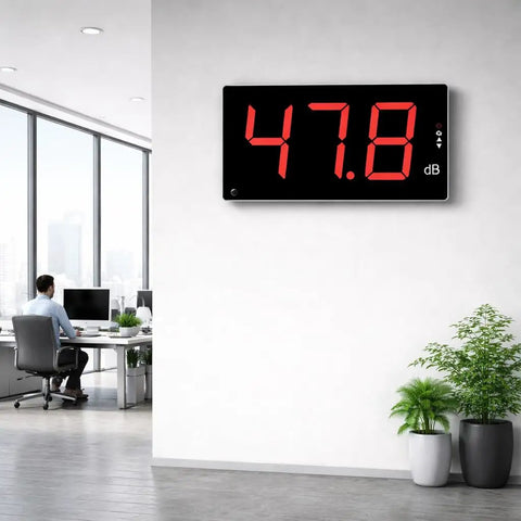 Wall Mounted Sound Level Meter 30 To 130 dB With Alarm Digital Decibel Meter 1.5 dB Accuracy A Weighting For Factory Office And Home Noise Monitoring Type C USB Powered Or Battery Powered Easy Install And Real Time Monitoring on office wall, 47.8 dB display