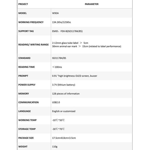 Data sheet of Portable OLED Display RFID Microchip Reader For Dogs And Cats ISO11784 11785 FDX B 134.2KHz And 125KHz Frequency EMID Support 128 Memory Slots Black For Pet Owners On The Go, showing specifications like model, frequency, and memory slots.