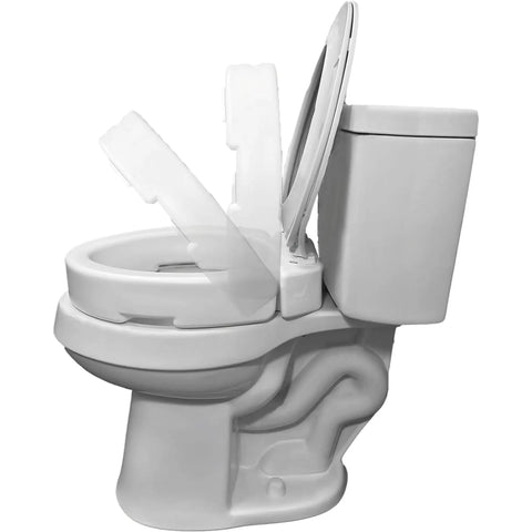 Image showing Hinged Round Raised Toilet Seat Riser With 3.5 Inch Lift installed on a white toilet, demonstrating hinge mechanism.
