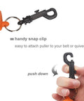 Close-up of Orange Archery Arrow Puller Gripper With Belt Clip showing snap clip and hand demonstrating attachment.