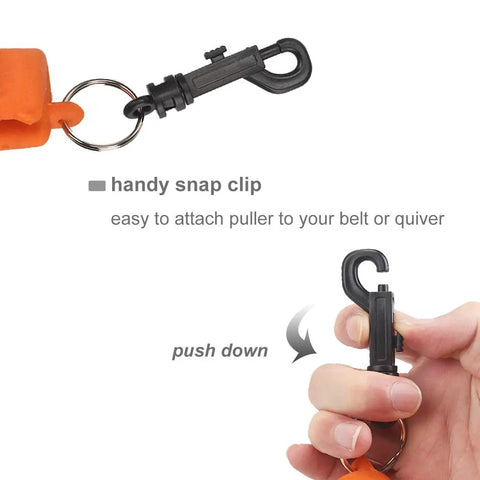 Close-up of Orange Archery Arrow Puller Gripper With Belt Clip showing snap clip and hand demonstrating attachment.