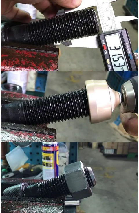Premium Tungsten Deburring Tool With External Chamfer Bit in action on Grade 8 bolt, quick release shank visible