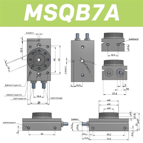 Technical drawing of MSQB B7A Double Acting Pneumatic Rotary Cylinder Air Table Actuator For Precise Rotation And Lifting.