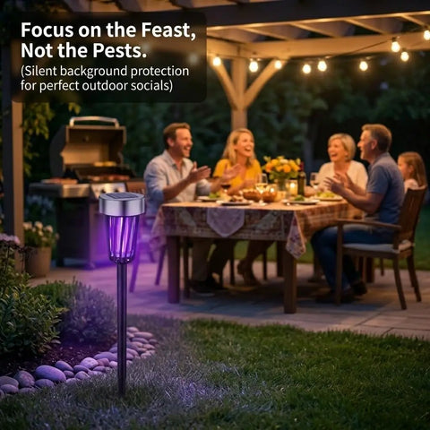 Solar Powered Outdoor Bug Zapper Pack of 4 in backyard near family dinner, 360 Degree Mosquito Barrier, Electric Fly Zapper glowing.