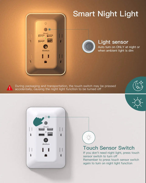 9 In 1 USB Wall Outlet With Night Light 5 Wide Space Outlets And 4 USB Ports Including USB C Space Saving Plug Extender