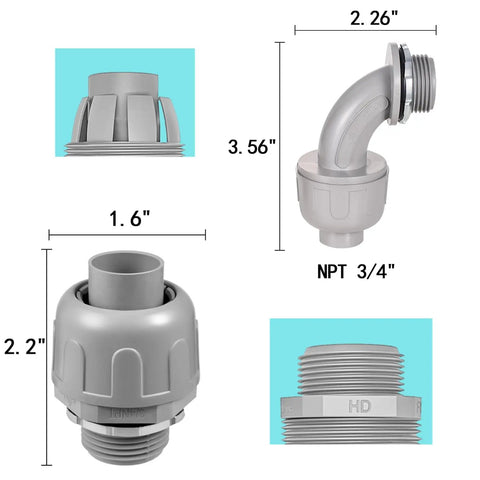 32 Pack 3 Quarter Inch Liquid Tight NPT Non-Metallic PVC Electrical Conduit Fittings Set With 90 Degree And 180 Degree Connectors