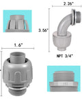 32 Pack Three Quarter Inch Liquid Tight NPT Non Metallic PVC Conduit Fittings with 90 Degree and 180 Degree Nylon Connectors UL Listed Includes Dome Nut O Ring and Steel Lock Nut Gray - dimensional views