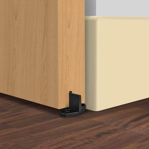 Barn Door Floor Guides 2 Pack Bottom Guide Floor Mount For Sliding Doors T Shape Track Hardware Black Durable Solid Steel Build With Black Powder Coat Sleek Low Profile Floor Guide System installed on wood floor