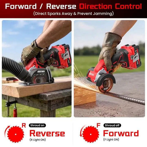 User demonstrating Forward/Reverse control on Heavy Duty 20V Compact Circular Saw With 3 Inch Brushless Motor And Dual 4Ah Batteries.
