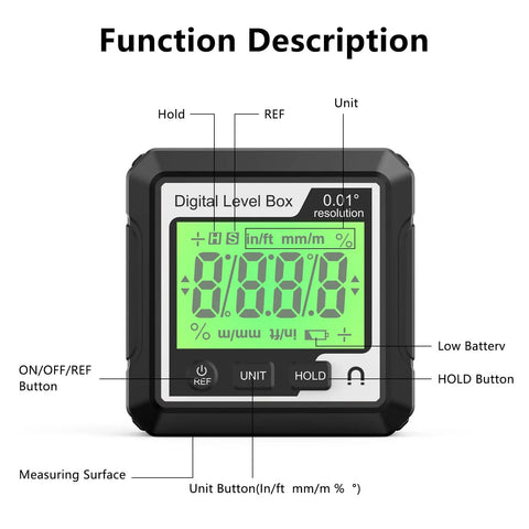 Display features of Knockout Performance Digital Angle Finder With Heavy Duty Magnetic Base And Bright Backlit Lcd Display.